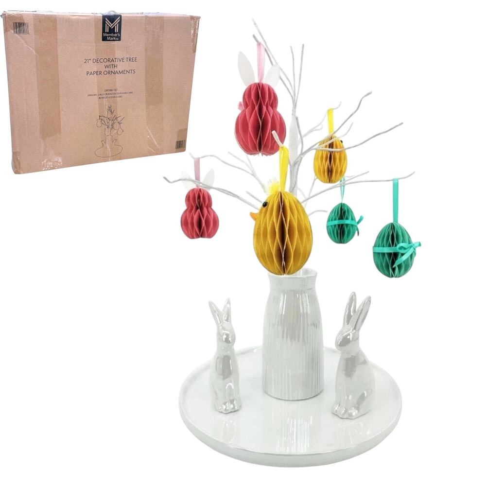 Ceramic Easter Tree Decoration 21” Bunnies Honeycomb Paper Ornaments Set New